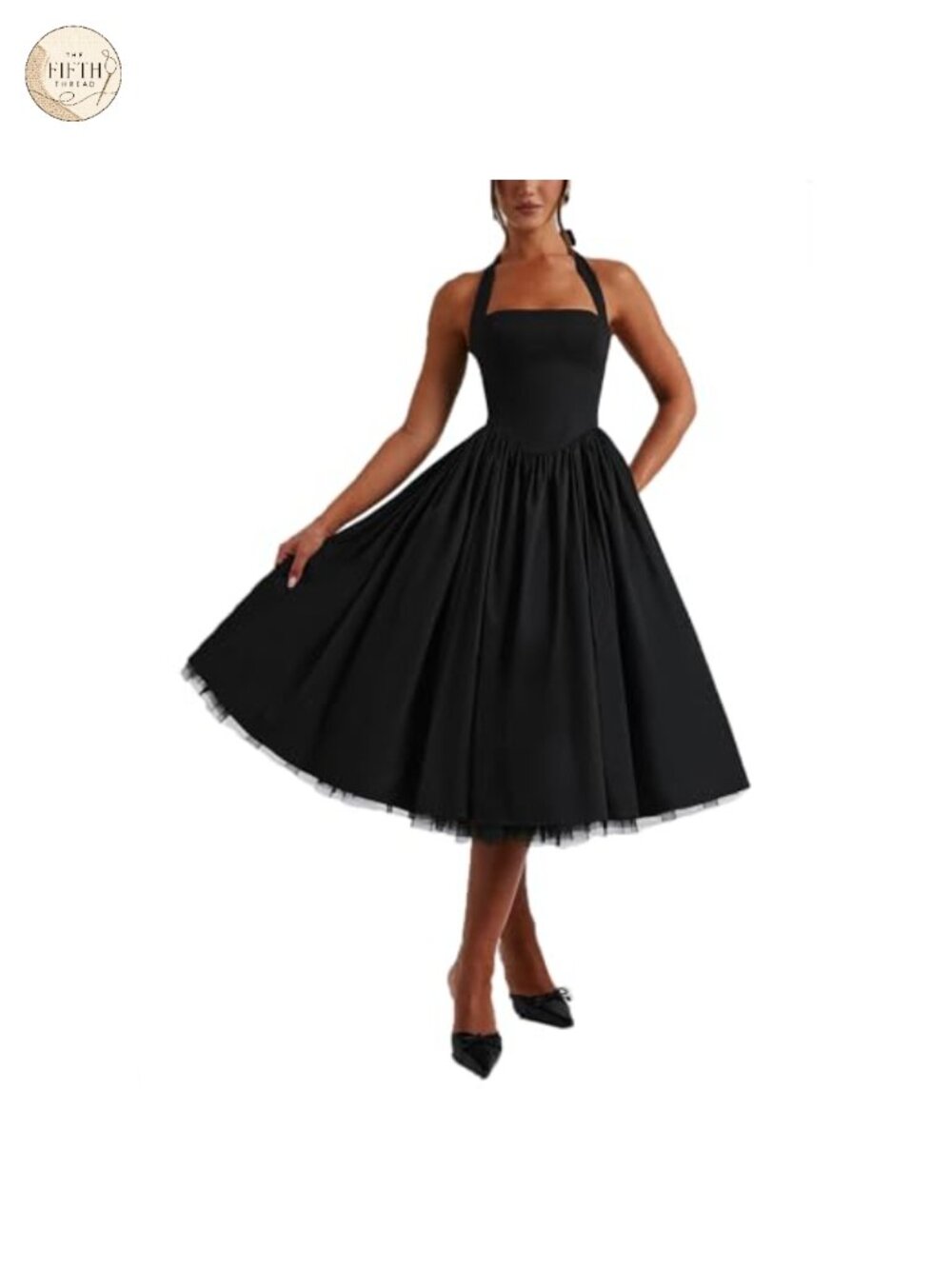 Women Halter A-Line Tulle Swing Tea Length Corset Prom Formal Dress